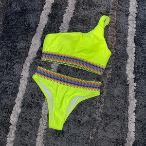 shein neon lime one shoulder bikini swimsuit